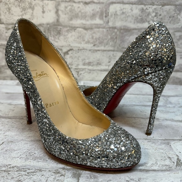 Christian Louboutin Shoes - Christian Louboutin Metallic Silver Coarse Glitter Lady Lynch Pumps Size 37 US 7